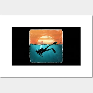 Scuba Diving Retro Sun Set Lovers Men Women Divers Posters and Art